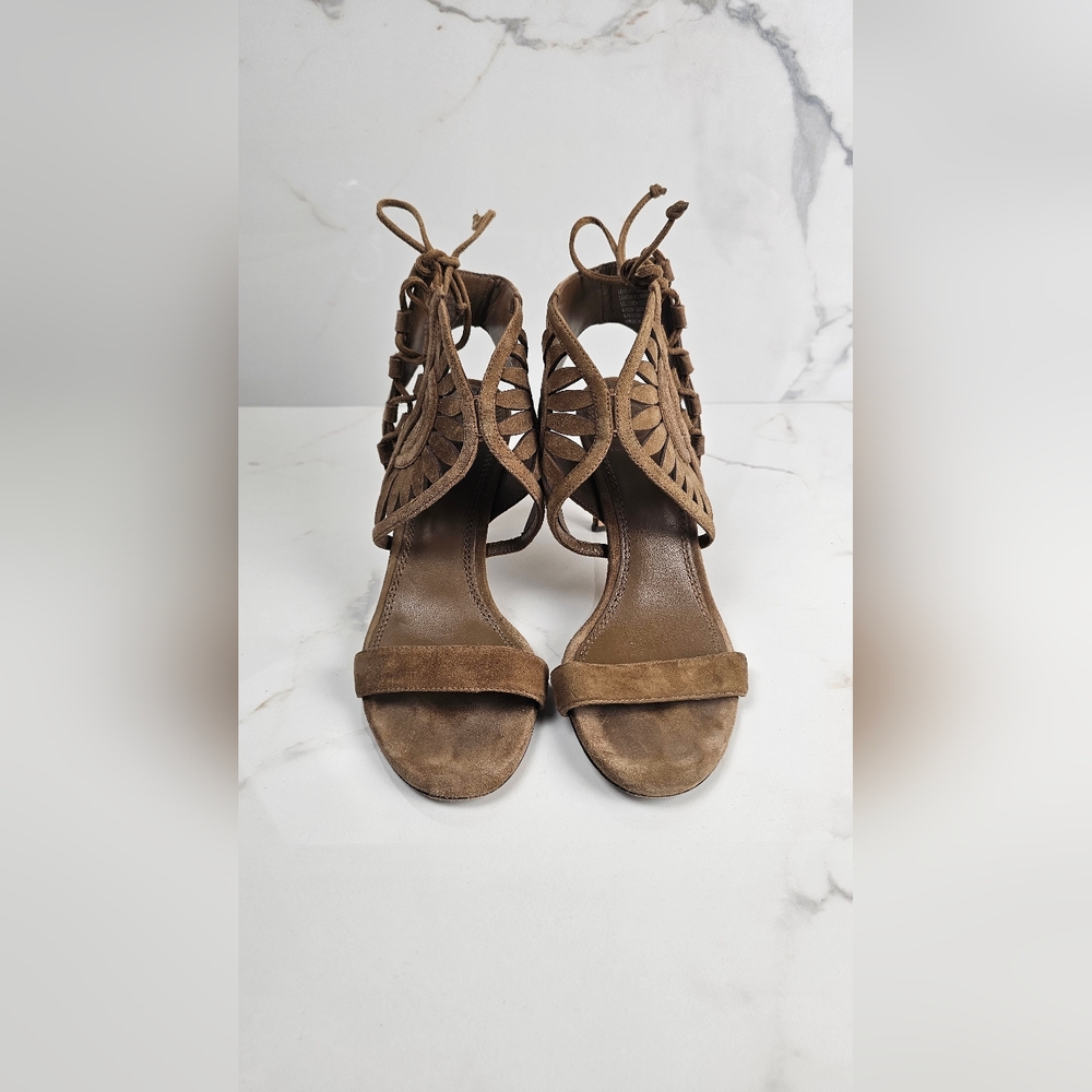 Tory Burch Leyla‎ Taupe Open Toe Suede Cutout Sandals Heels Size 6.5